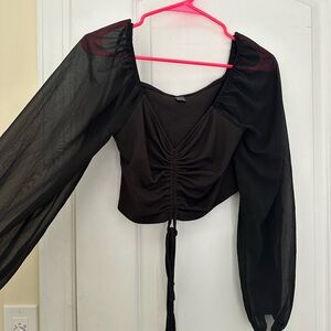 Black Ruched Sheer Sleeve Blouse